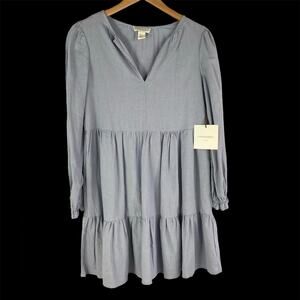 CYNTHIA ROWLEY Linen Blend Tiered Boho Peasant Dress Size XS Chambray NWT